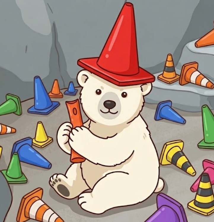Momota the Polar Bear Cub with Traffic Cone